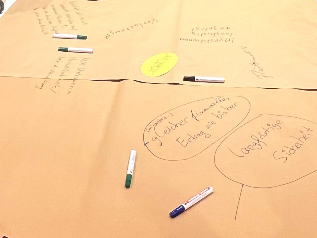 Blick auf Packpapier, auf das Notizen wie "gleicher finanzeller Ertrag wie bisher" und "langfristige Sicherheit" stehen.