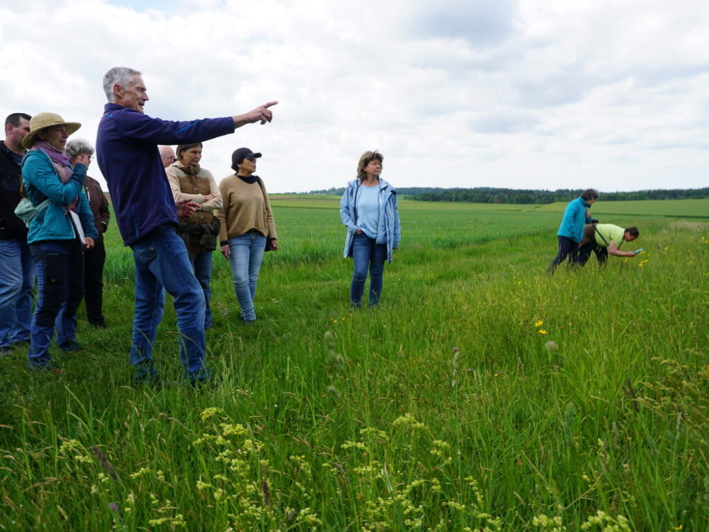 Ein Mann steht links im Bild vor einer Gruppe und zeigt mit erhobenem Arm nach rechts. Zwei Frauen machen mit dem Smartphone Fotos von der Wiese vor der Gruppe.