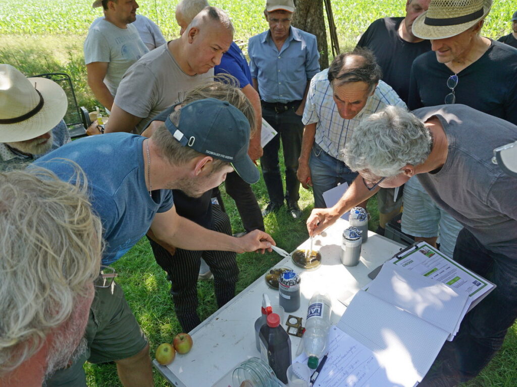 Aus leichter Vogelperspektive blickt man auf einen Tisch, um den die Teilnehmer*innen stehen. Darauf stehen zwei Schalen, gefüllt mit Gülle.