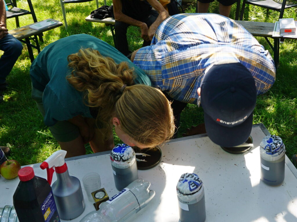 Blick von oben auf den Rücken und Hinterkopf von zwei Menschen, die sich über einen Tisch beugen, auf dem Döschen stehen. Sie riechen an den Döschen.