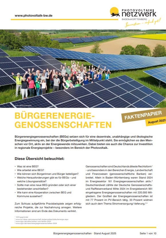 Hier sieht man das Faktenpapier für Bürgerenergiegenossenschaften von Photovoltaik Netzwerk Baden-Württemberg.