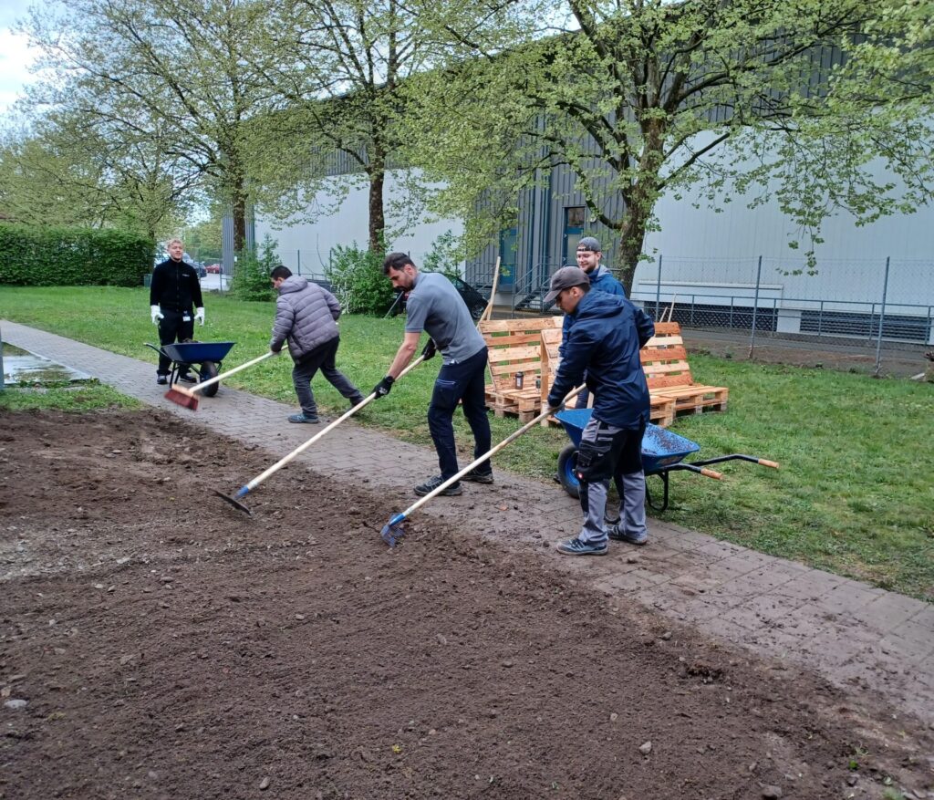 Junge Männer bearbeiten mit Rechen, Besen und Spaten eine Grünfläche. Im Hintergrund steht eine Schubkarre.
