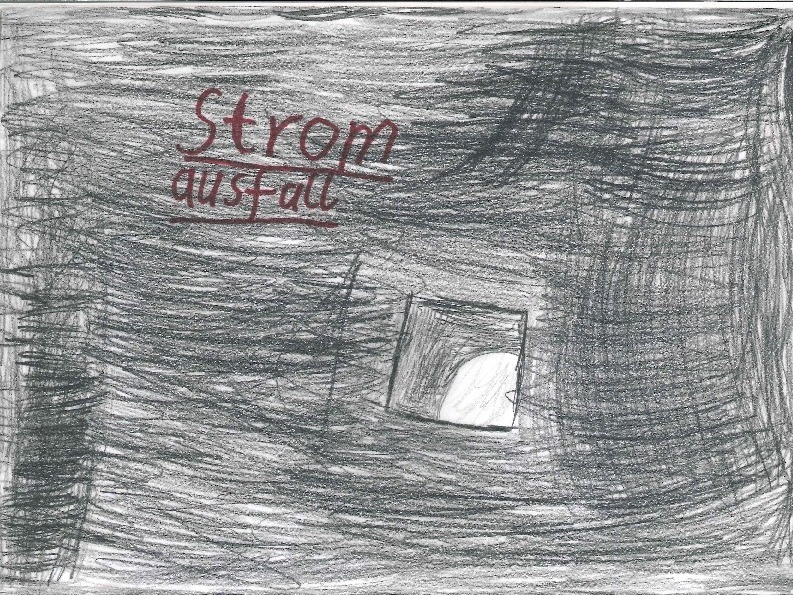 Kinderzeichnung: Das Bild ist schwarz mit einem kleinen weißen Loch. Auf dem Bild steht mit roter Schrift: Stromausfall