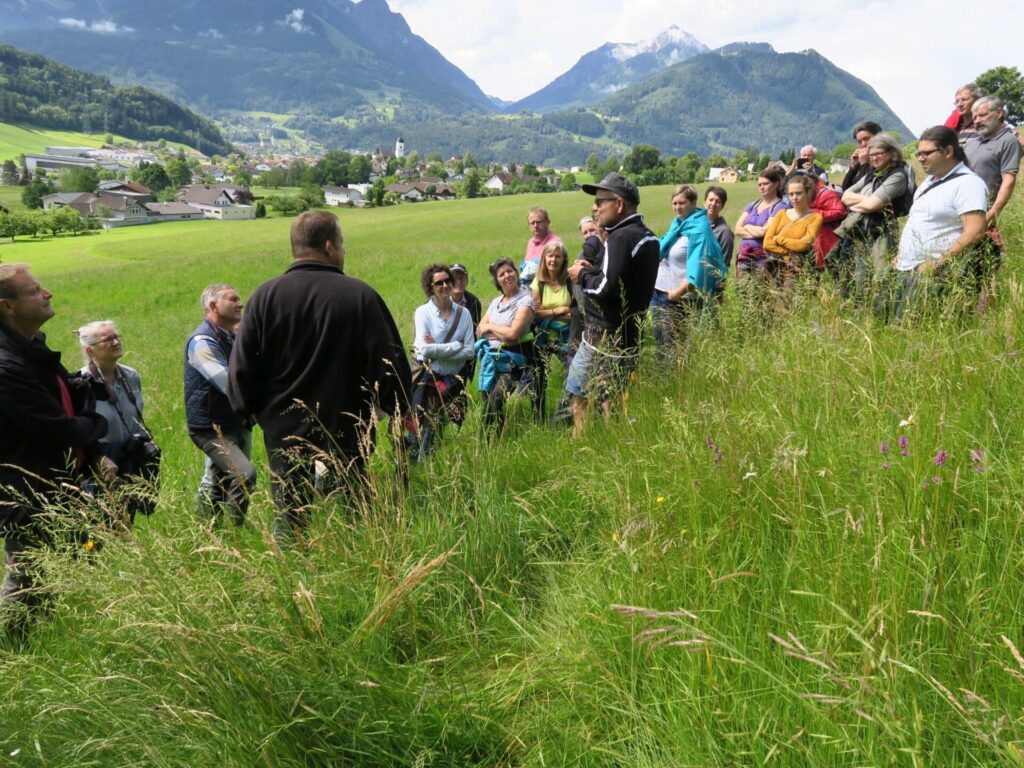 Eine Voralpenlandschaft. Am Hang im Vordergrund steht eine Gruppe von Menschen in einer Wiese und schaut auf einen Mann, der von hinten zu sehen ist.