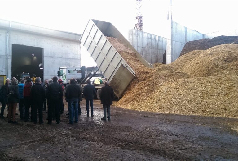 Eine Gruppe von Menschen schaut auf einen Container, der gekippt Hackschnitzel in ein Lager schüttet.