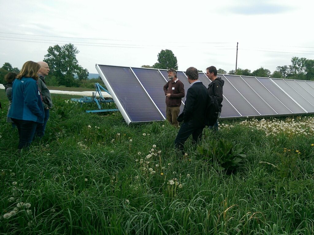 Eine Gruppe von Menschen steht auf einer Wiese mit abgeblühten Löwenzahn vor Solarthermie-Paneelen.