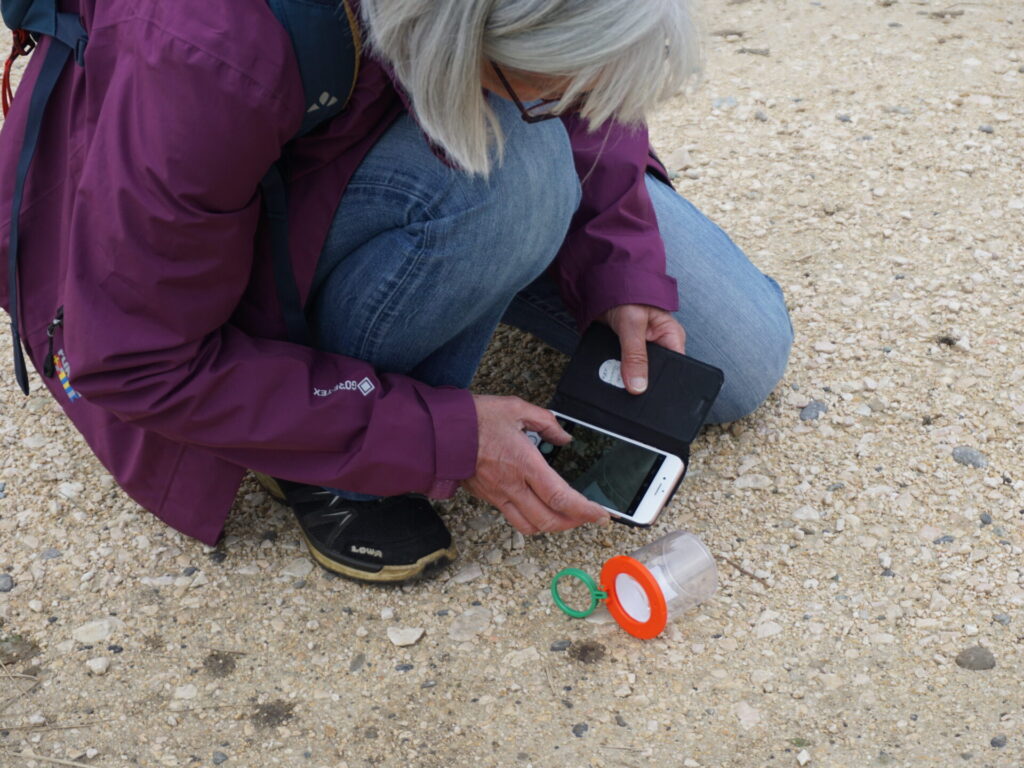 Eine Frau kniet auf dem Boden und hält ihr Smartphone über eine Schotterfläche.