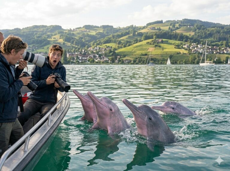 Vier Delfinköpfe recken sich aus dem Bodensee einem Boot mit Fotografen entgegen. Ein Fotograf blickt mit erstaunter Mimik in die Kamera.