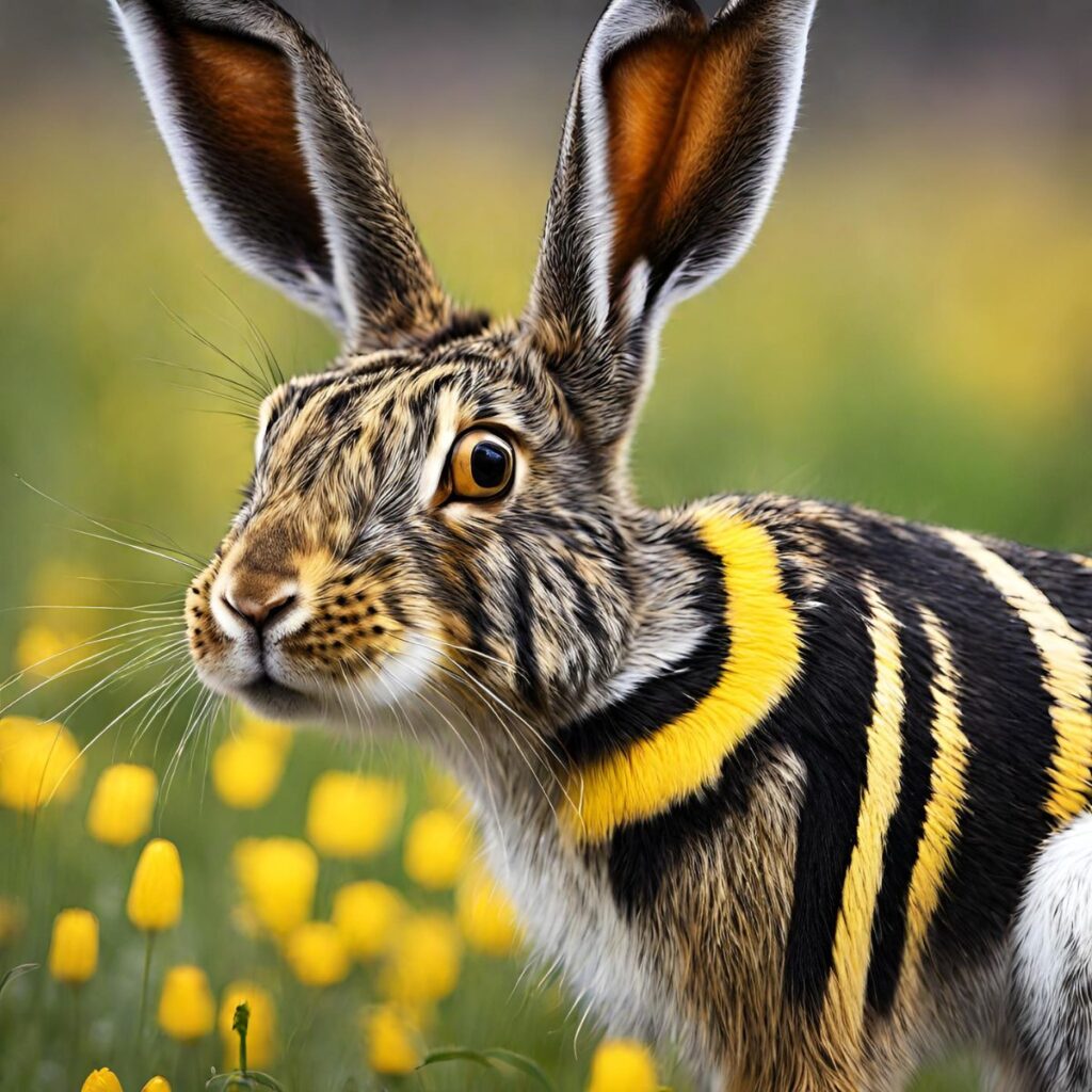 Auf dem Bild ist der gestreifte Hase abgebildet. Er hat lange große Ohren. Im Hintergrund sind gelbe Blüten zu sehen. Das Bild zeigt den Hasen in Nahaufnahme.