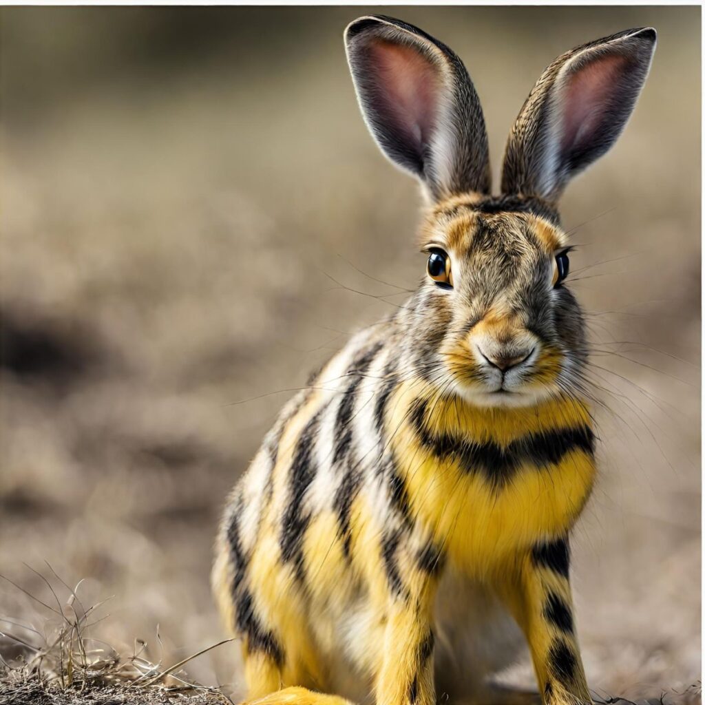 Zusehen ist ein schwarz gelb gestreifter Hase.