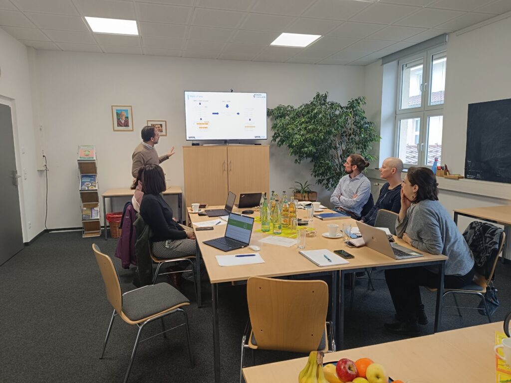 Auf dem Bild sieht man einen kleinen Seminarraum. Ganz vorne ist ein Bildschirm mit einer Präsentation. In der Mitte ist ein großer Tisch, an dem 5 Personen sitzen. Ein Mann steht neben der Präsentation und stellt diese vor.