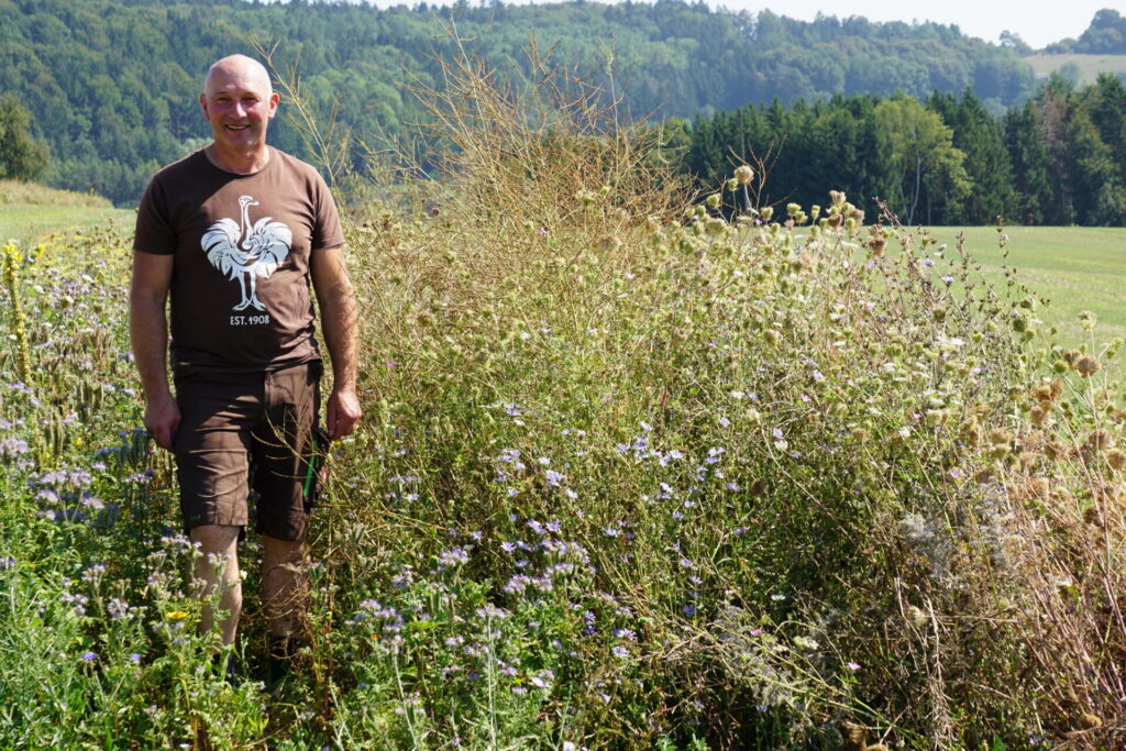 Andreas Deyer steht am Feldrand zwischen vielen hohen Blumen und Gräsern.