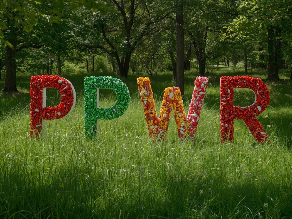 Auf einer Wiese vor einem Wald stehen bunte Buchstaben PPWR