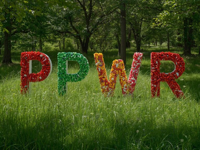 Auf einer Wiese vor einem Wald stehen bunte Buchstaben PPWR