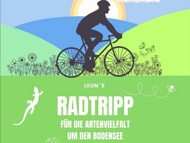 Zusehen ist das Werbeplakat für den Spenden-Radtripp von Leon. Die Farbe grün überwiegt. Eine Silhouette eines Radfahrers ist zu sehen.