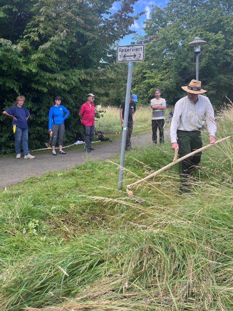 Ein Mann mit Strohhut steht in der rechten BIldhälfte und senst. Eine Gruppe links hinter ihm schaut ihm dabei zu.