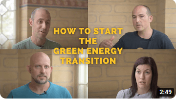 Im vierteiligen Splitscreen sind vier Personen zusehen. In der Mitte steht in gelb der Schriftzug "How to start the green energy transition"