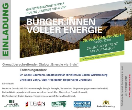 Das Bild zeigt eine Einladung zur Online-Konferenz „Bürger:innen voller Energie" am 26. November 2021 von 14:00 bis 17:00 Uhr. Es handelt sich um einen grenzüberschreitenden Dialog „Energie vis-à-vis".