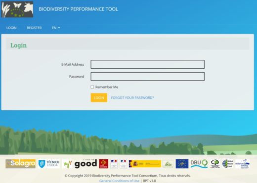 Login-Seite des Biodiversity Performance Tool (BPT)