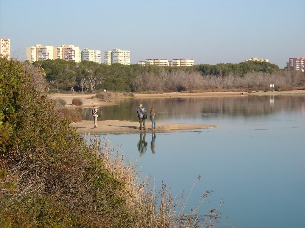 Drei Personen stehen auf einer schmalen Sandbank, die in einen ruhigen See ragt. Im Hintergrund kahle Bäume und mehrstöckige Wohngebäude. Das Wasser spiegelt die Umgebung wider – Naturschutzgebiet am Stadtrand.