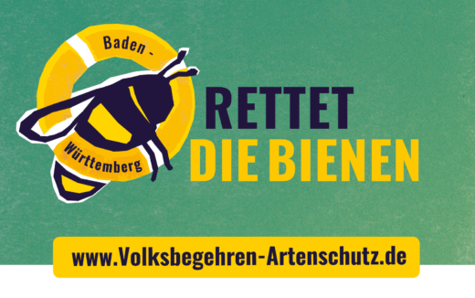 Logo des Volksbegehrens Artenschutz Baden-Württemberg: stilisierte Biene in Schwarz-Gelb mit der Aufschrift „Rettet die Bienen" auf grünem Hintergrund.