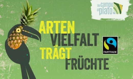 ein grünes Plakat mit einer Ananas und einem Vogel. Darauf steht: "Artenvielfalt trägt Früchte"