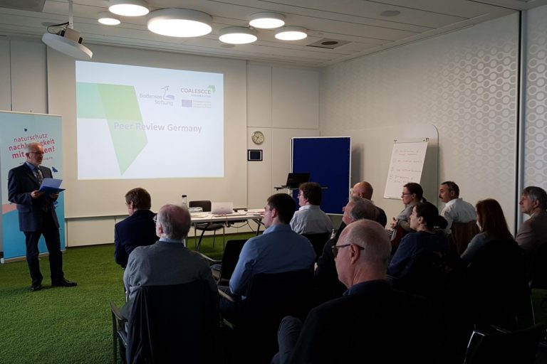 Abschlussveranstaltung des EU-Projekts COALESCE in Konstanz: Ein Referent spricht vor rund 15 Teilnehmenden in einem Konferenzraum. Auf der Leinwand ist die Projektfolie „Peer Review Germany" mit den Logos der Bodensee-Stiftung und COALESCE zu sehen. Links im Bild ein Roll-up-Banner der Bodensee-Stiftung