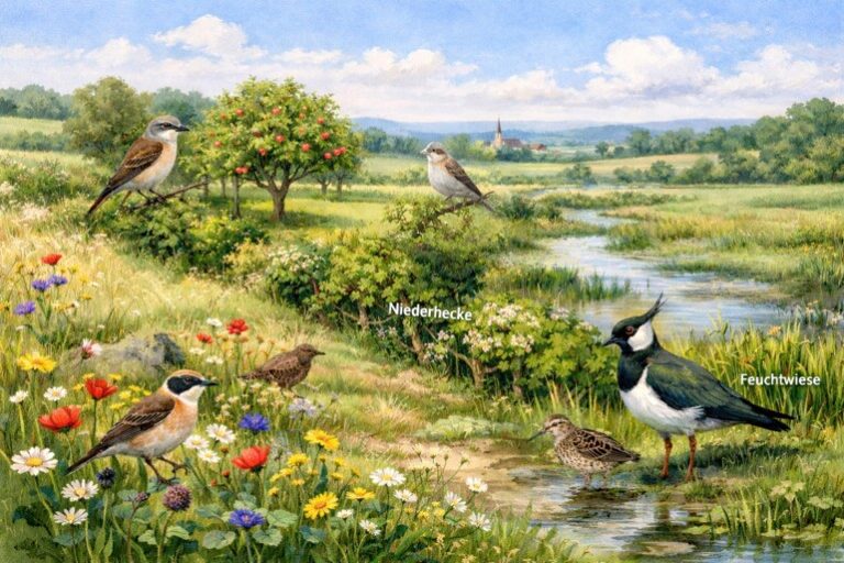 Das Foto zeigt eine Idealladschaft für die Vogelwelt am Bodensee mit einem Bach, Hecken, Streuobstwiese und Blühwiese. Dieses Bild wurde von einer KI generiert.