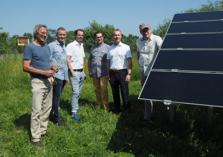 Sechs Männer stehen neben einem Solarmodul auf einer Wiese.