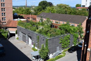 Blick in eine städtische Siedlung mit vielen Bäumen, Gründach und begrünten Fassaden