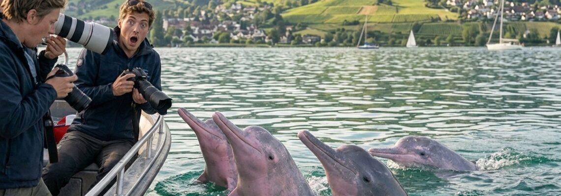 Vier Delfinköpfe recken sich aus dem Bodensee einem Boot mit Fotografen entgegen. Ein Fotograf blickt mit erstaunter Mimik in die Kamera.