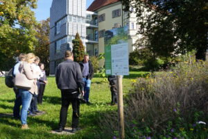 Blick auf eine Gruppe vor dem Schloss Liebenau.